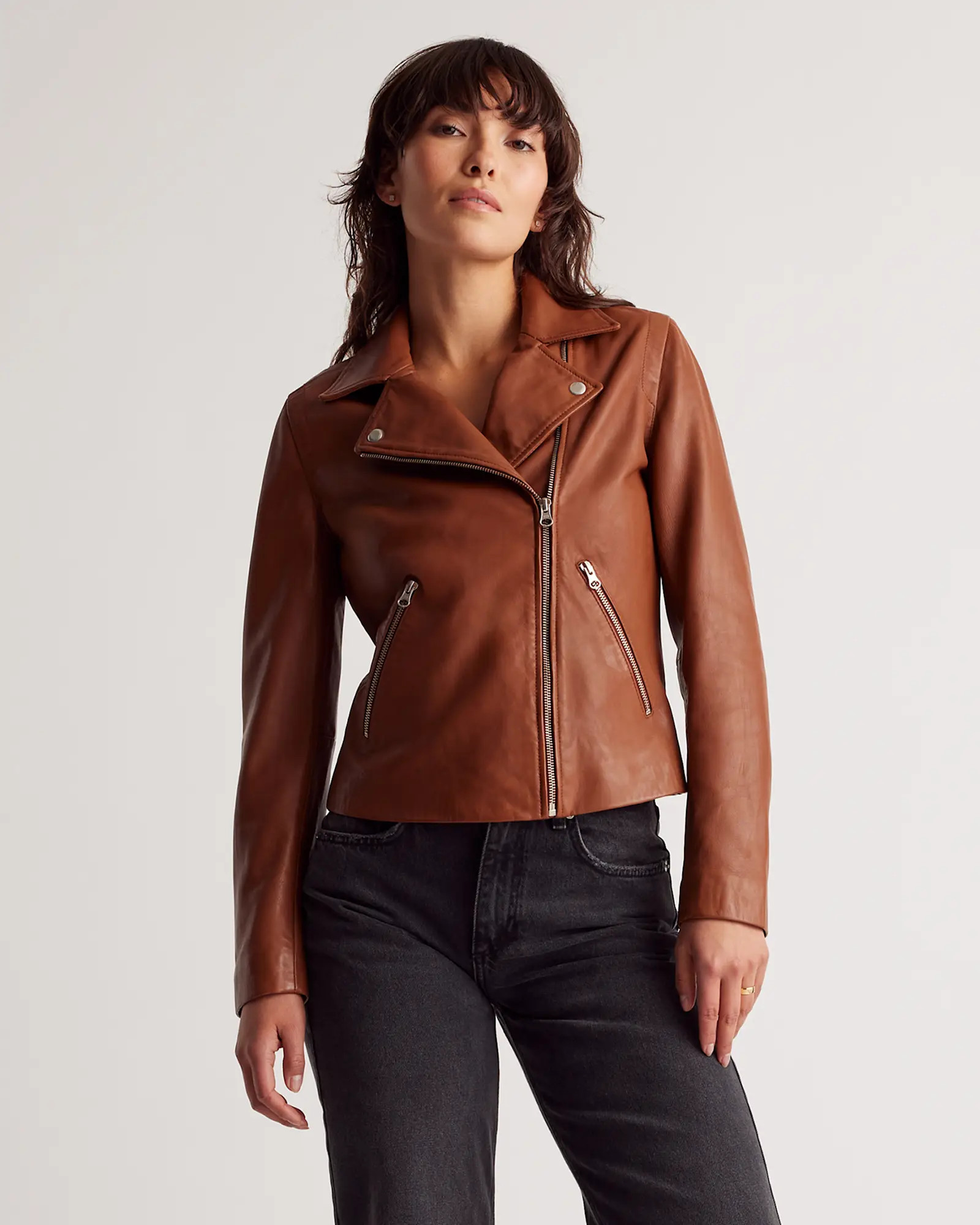 100% Washed Leather Biker Jacket in Dark Cognac | Quince