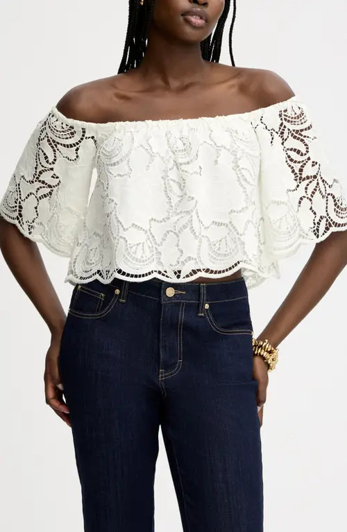 Sam Edelman Lace Ruffle Off the Shoulder Crop Top in Bright White at Nordstrom, Size Large | Nordstrom