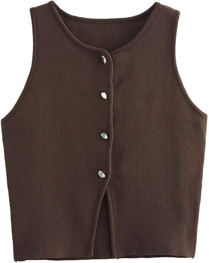 FindThy Women’s Cropped Knit Vest Trendy Crewneck Sleeveless Button Down Slim Fit Solid Color S... | Amazon (US)