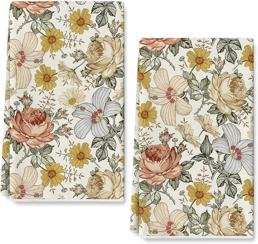 AnyDesign Vintage Floral Kitchen Towel 18 x 28 Inch Flower Dish Towel Retro Rose Chamomile Ultra ... | Amazon (US)