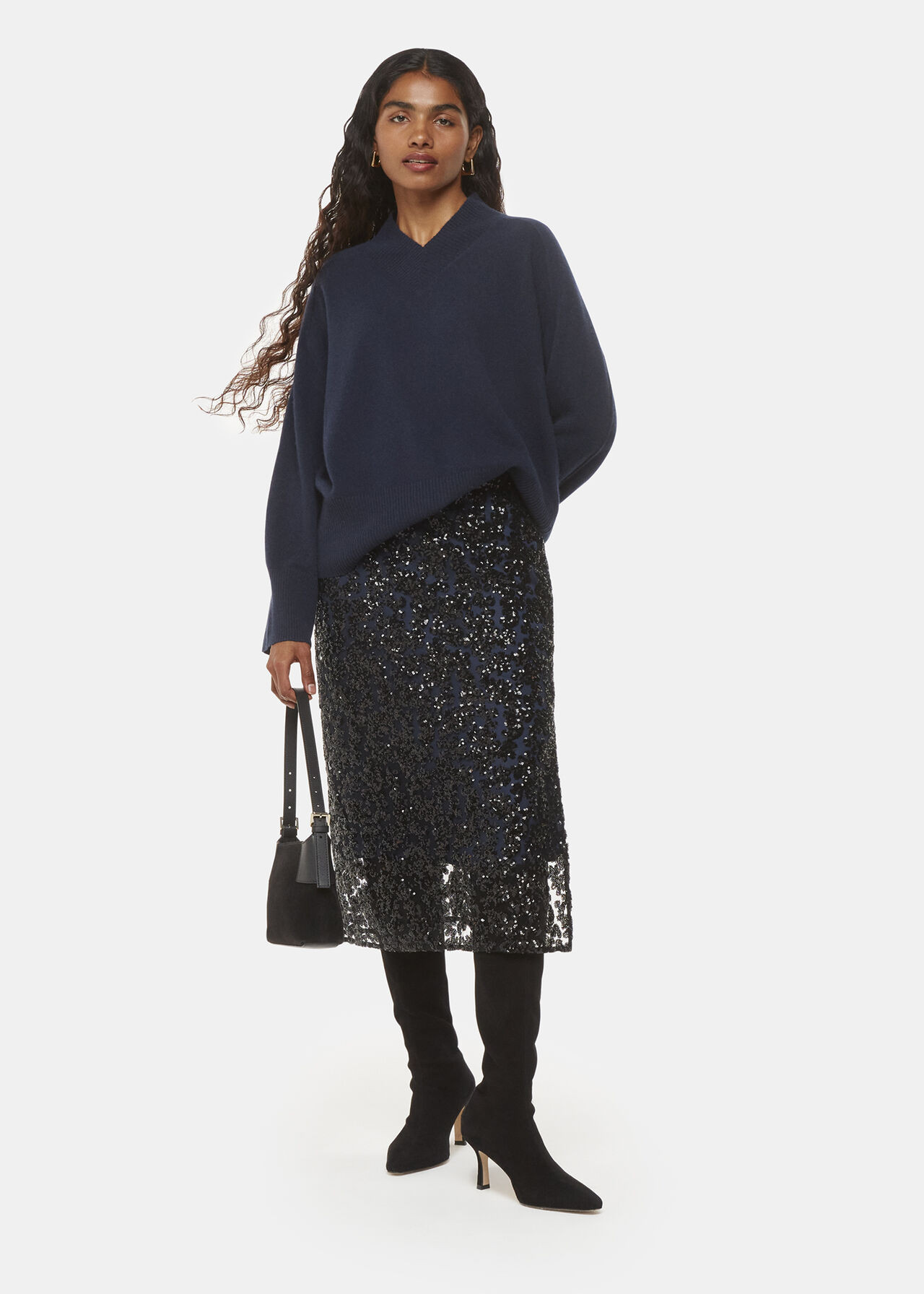 Black/Multi Floral Sequin Midi Skirt | WHISTLES | Whistles UK | | Whistles