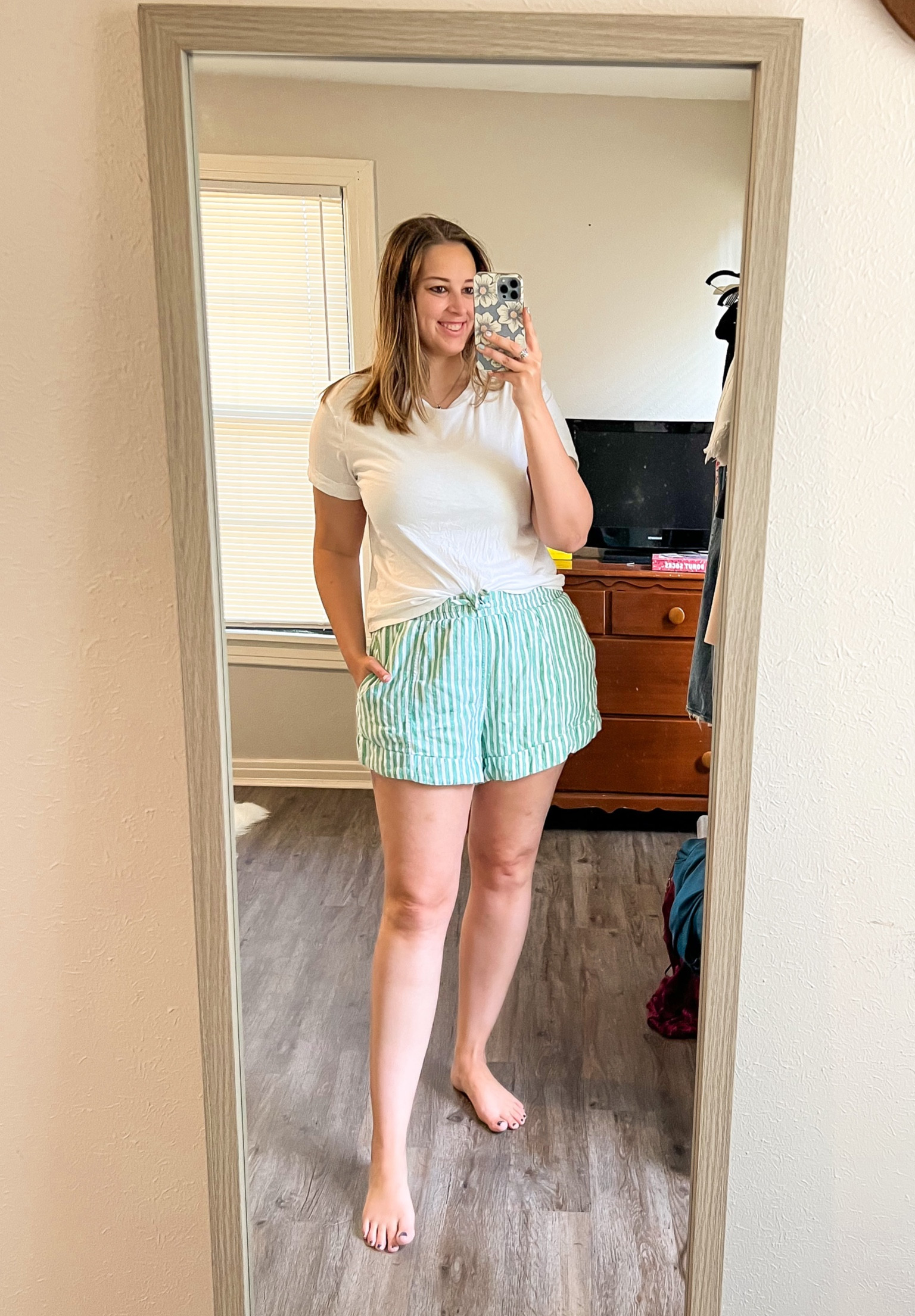 Sunday 6.25.23 ootd - all target casual and comfy Sunday - a new day white boxy tee (size medium) and green striped linen shorts (sized up to large for thigh room)

Midsize, midsize ootd, size 10, size 10 outfit, target finds, travel outfit, casual outfit, affordable outfit, coastal style, summer outfit, 

#LTKunder50 #LTKtravel #LTKFind