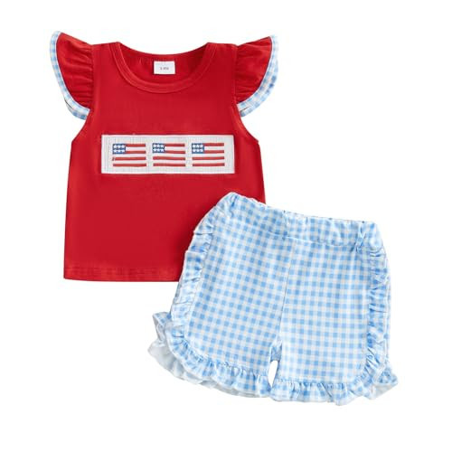 Mobbdow Toddler Baby Girl 4th of July Outfit American Flag Embroidery Fly Sleeve T-Shirt Top Plaid Ruffle Hem Shorts Set (Red Blue, 12-18 Months) | Amazon (US)