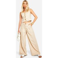 Womens Linen Look Pleated Trouser - Beige - 10 | boohoo (US & Canada)