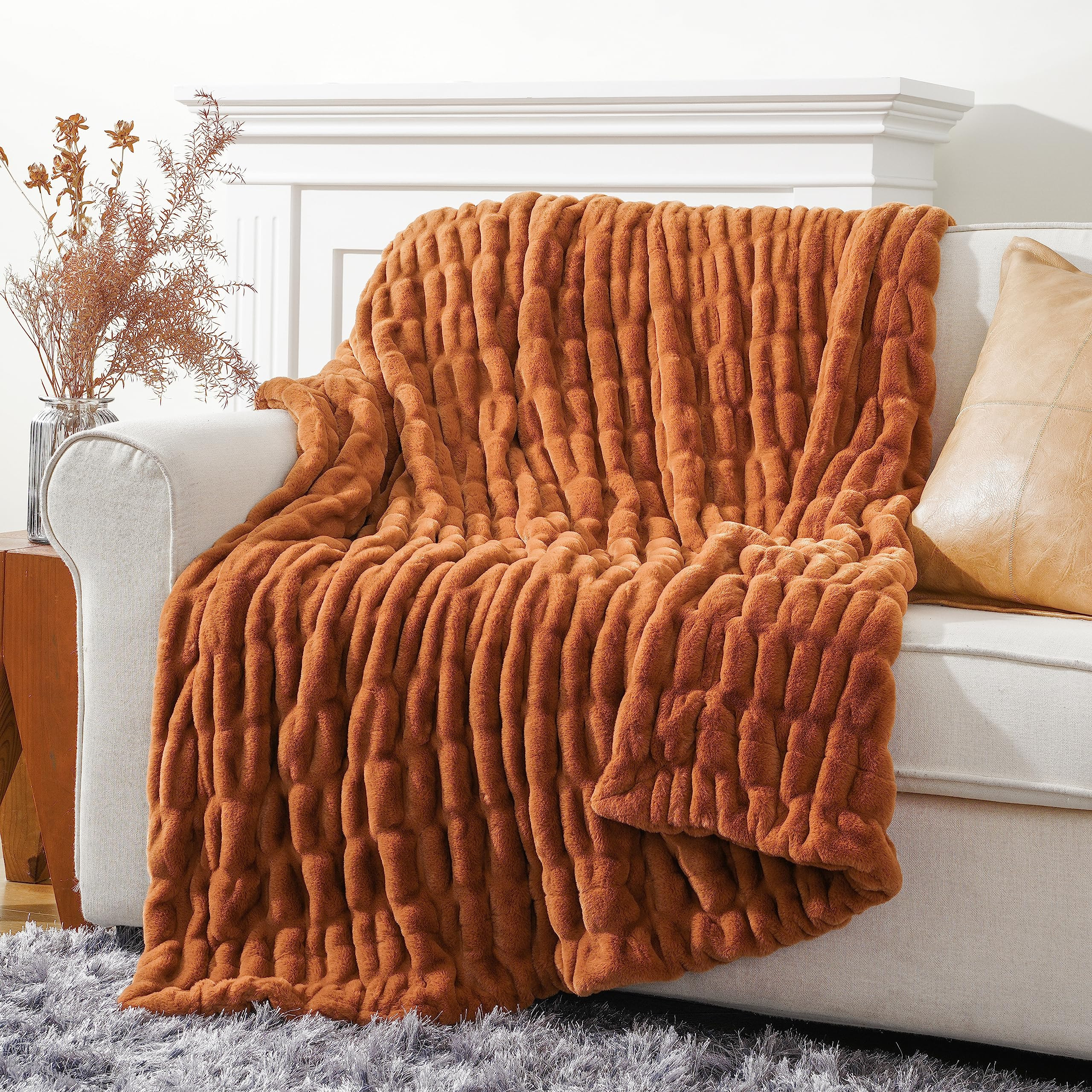 BATTILO HOME Burnt Orange Faux Fur Throw Blanket for Couch, Double Side Ruched Reversible Rabbit ... | Amazon (US)