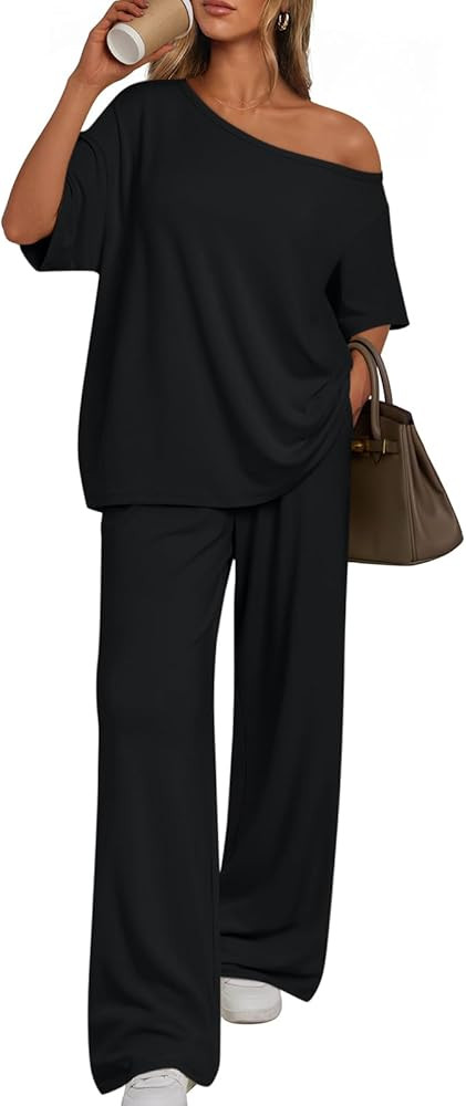 Trendy Queen Womens 2 Piece Lounge Sets Off Shoulder Oversized Tshirts & Wide Leg Pants Outfits | Amazon (US)