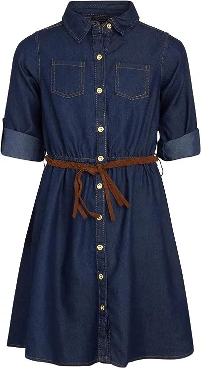 dollhouse Girls' Denim Dress - Belted Long Sleeve Roll-Up Soft Denim Jean Dress (Size: 7-16) - Wa... | Walmart (US)