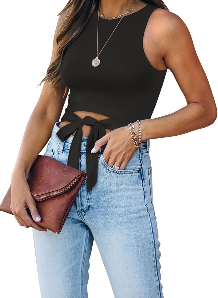 Berryou Crop Tops for Women Sleeveless Halter Neck Basic Casual Racer Back Tank Tops | Amazon (US)