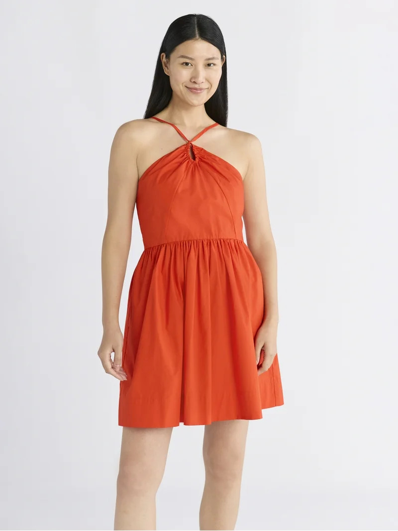 Free Assembly Women's Sleeveless Halter Fit and Flare Cotton Mini Dress, XS-XXL | Walmart (US)