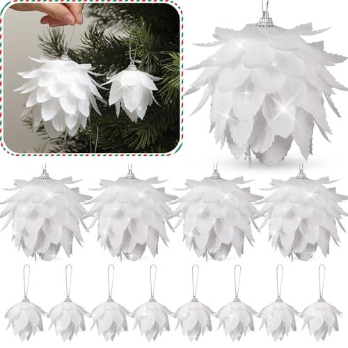 Syhood 12 Pcs Christmas Ball Ornaments Glitter Pinecone Balls Xmas Tree Decoration Hanging Pinecone Ornaments Rustic Pine Cones for Xmas Winter Party Holiday Wedding Home Decorations(White) | Amazon (US)