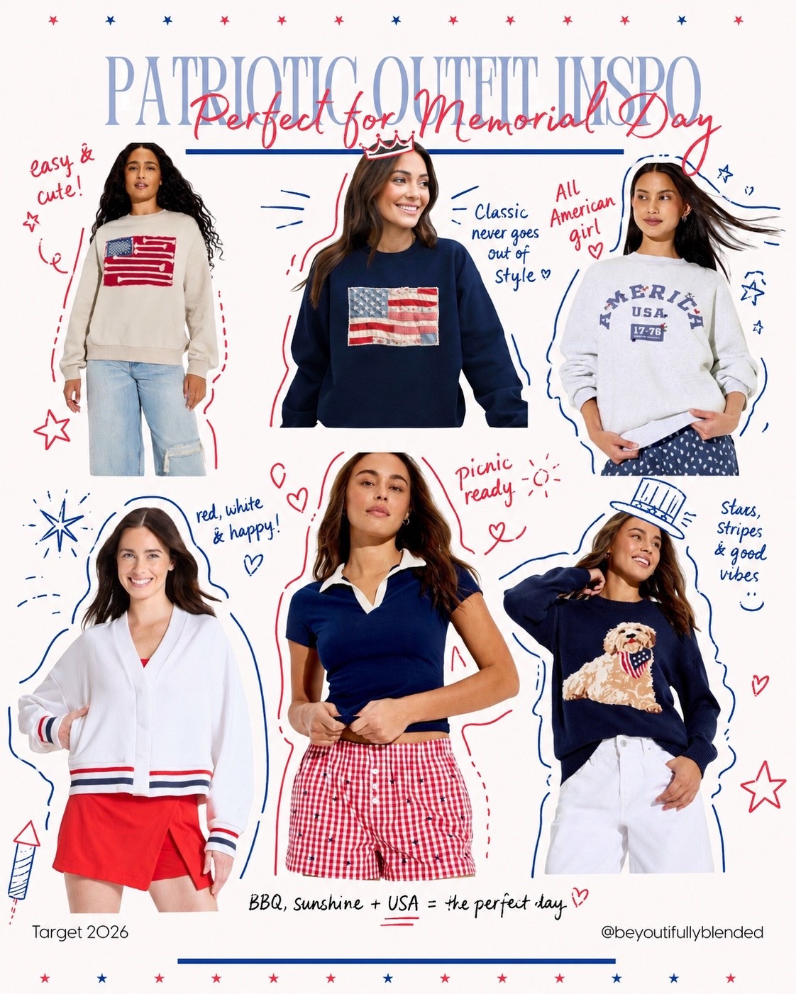 🇺🇸 Memorial Day style starts at Target ❤️💙
Comment STARS to get all the links!
Sharing some patriotic outfit inspo that’s equal parts comfy, cute, and perfect for all the holiday weekend plans 🇺🇸 From classic flag pullovers to picnic-ready gingham and the SWEETEST pup sweater… these finds are giving backyard BBQ, fireworks, and lake day vibes ✨

I love mixing easy pieces like graphic sweatshirts, sporty sets, and red-white-and-blue staples you can wear all summer long ☀️

Which look is your favorite?! ❤️🤍💙
@Target 
#LTKStyle #LTKFinds #TargetStyle #MemorialDayStyle #PatrioticOutfits #SummerStyle #TargetFashion #RedWhiteAndBlue #CasualChic

#LTKSeasonal #LTKootd #LTKSeasonal #LTKgrwm