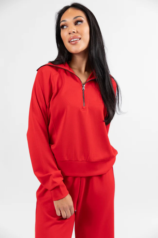 Let's Just Stay Red Quarter Zip Knit Pullover | Pink Lily