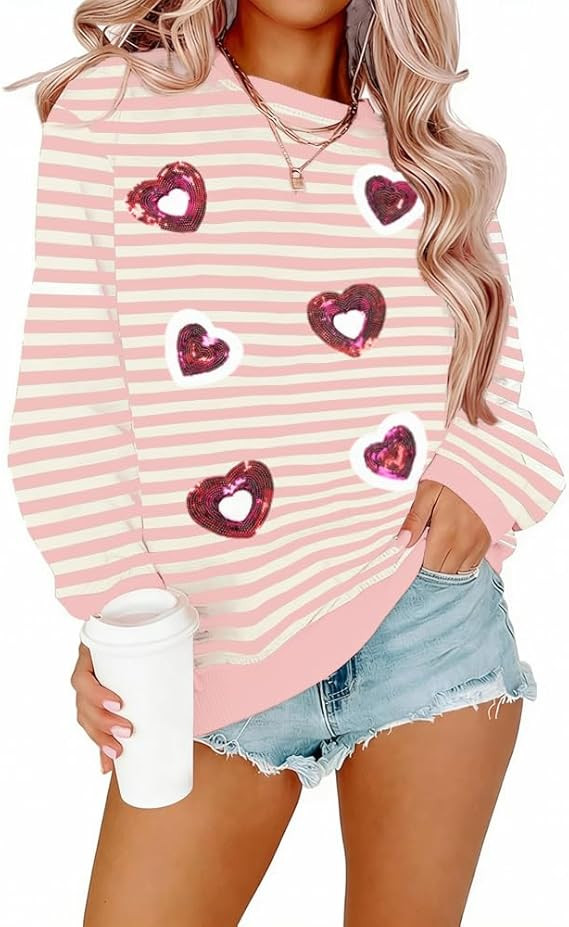 KIDDAD Valentine Sweatshirts for Women Love Heart Print Sweater Valentines Sequins Shirt Embroide... | Amazon (US)