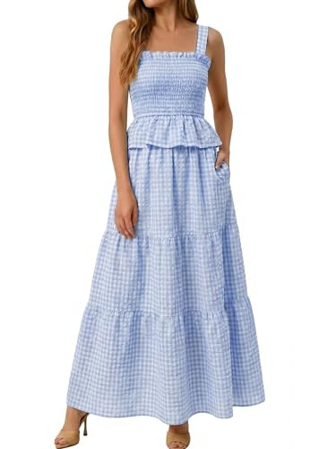 Glamaker Womens 2 Piece Skirt Sets Summer Gingham Plaid Tank Tops Maxi Skirt Casual Travel Vacati... | Amazon (US)