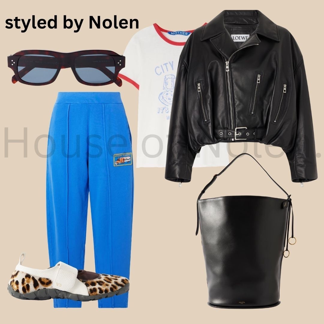 Spring 2026 Look 9. 

Cool kids don't choose between NYC grit and LA ease, they wear both. 

Cobalt sweats, a broken-in ringer tee, Loewe leather, and leopard sneakers that refuse to be basic. This is the off-duty uniform of someone who has places to be and zero interest in trying too hard. 🖤

#NYCStyle #LAFashion #BiCoastalVibes #OffDutyStyle #CasualLuxury #StreetStyleNYC #StreetStyleLA #LeatherJacket #Loewe #MOTHERDenim #Alaia #SpringStyle2026 #OOTD #FashionFlatlay #CoolGirlStyle #EfortlessStyle #LuxuryStreetwear #FashionBlogger #StyleInspo #LeopardPrint #SpringFashion #OutfitIdeas #FashionContent #SoHoVibes #SilverLakeStyle #FashionCommunity #StyleBlogger #FashionCreative #NYCStylist #LAStylist

#LTKgrwm #LTKootd #LTKmomlife
