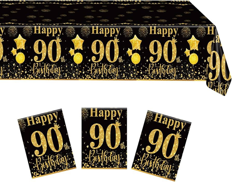 3PCS 90th Birthday Tablecloth Black and Gold Back in 1934 Disposable Plastic Rectangular Table De... | Amazon (US)