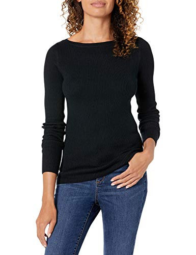 Amazon Essentials Women's Lightweight Ribbed Long-Sleeve Boat Neck Slim-Fit Sweater, Black, Small | Amazon (US)