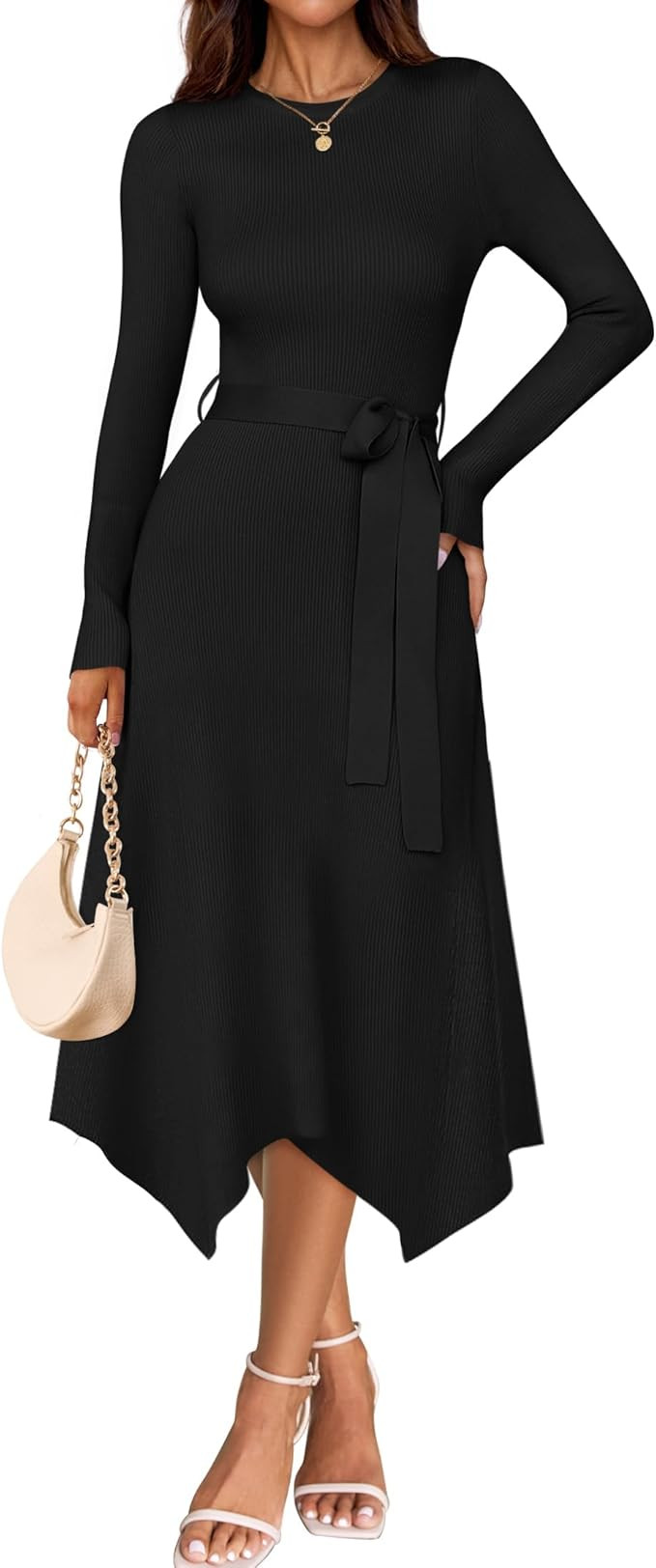 ZESICA Long Sleeve Sweater Dresses for Women 2025 Fall Winter Crewneck Ribbed Knit High Waist Mid... | Amazon (US)