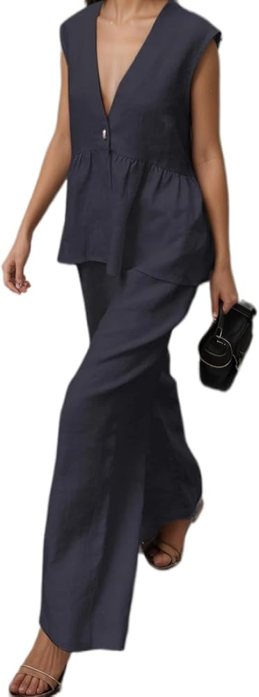 Women's 2 Piece Cotton Linen Outfits Sleeveless Button V Neck Vest and Wide Leg Pants Business Bl... | Amazon (US)