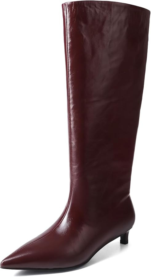 Women's Knee High Boots for Women Pointed Toe Low Kitten Heel Tall Boots Fashion PU Leather Pull ... | Amazon (US)