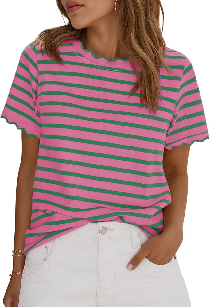 Tankaneo Womens Short Sleeve Striped Tshirts Summer Color Block Scalloped Tops Trendy Casual Basi... | Amazon (US)