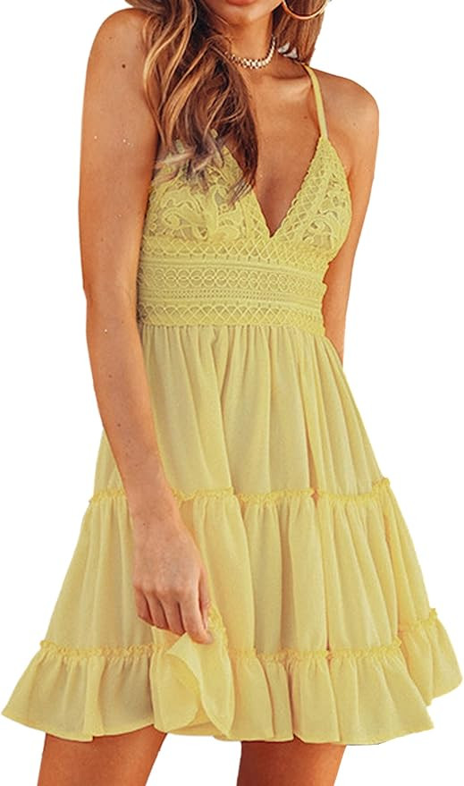 ECOWISH Womens V-Neck Spaghetti Strap Bowknot Backless Sleeveless Lace Mini Swing Skater Dress | Amazon (US)
