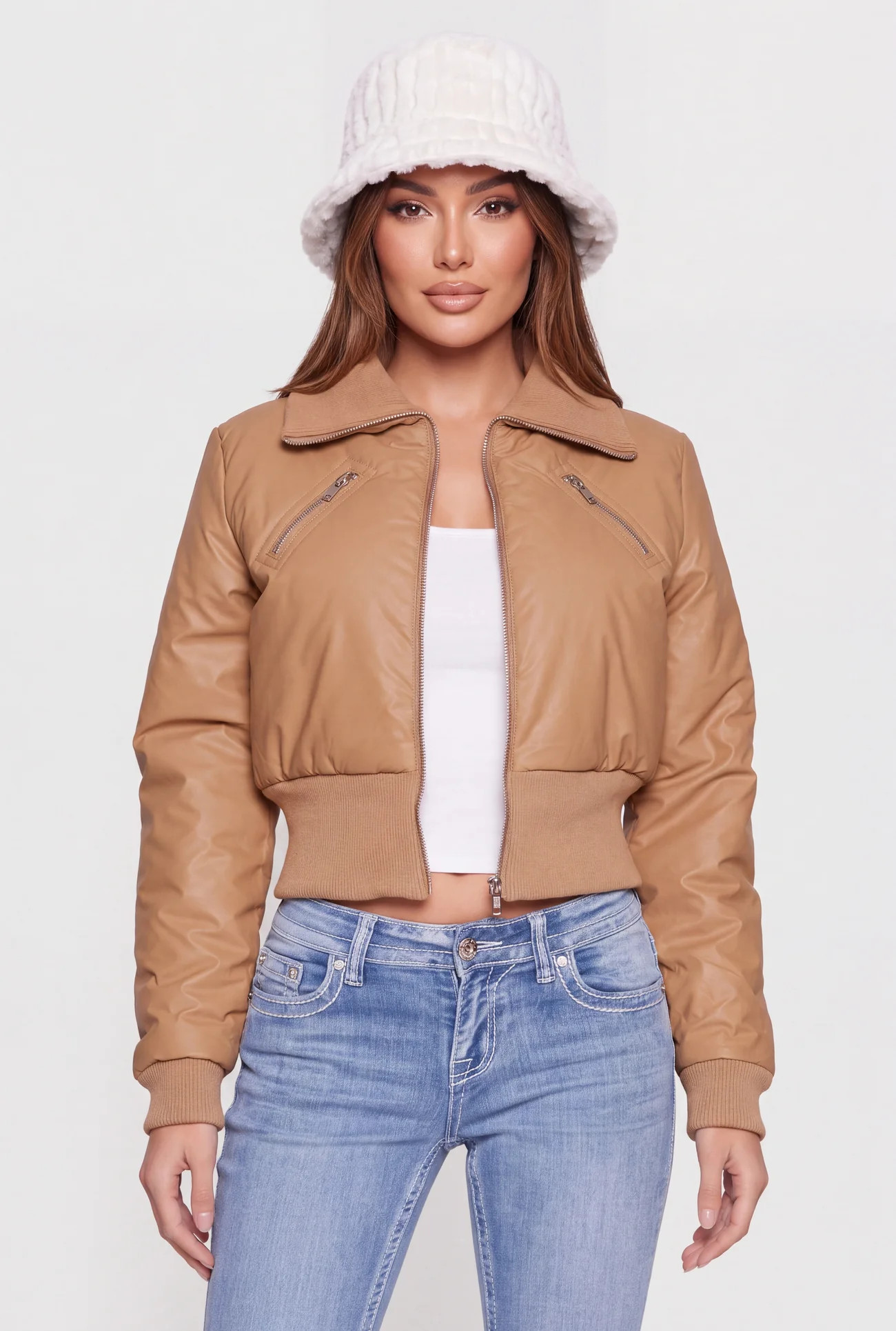 Faux Leather Zip Front Cropped Bomber Jacket | Rainbow Shops
