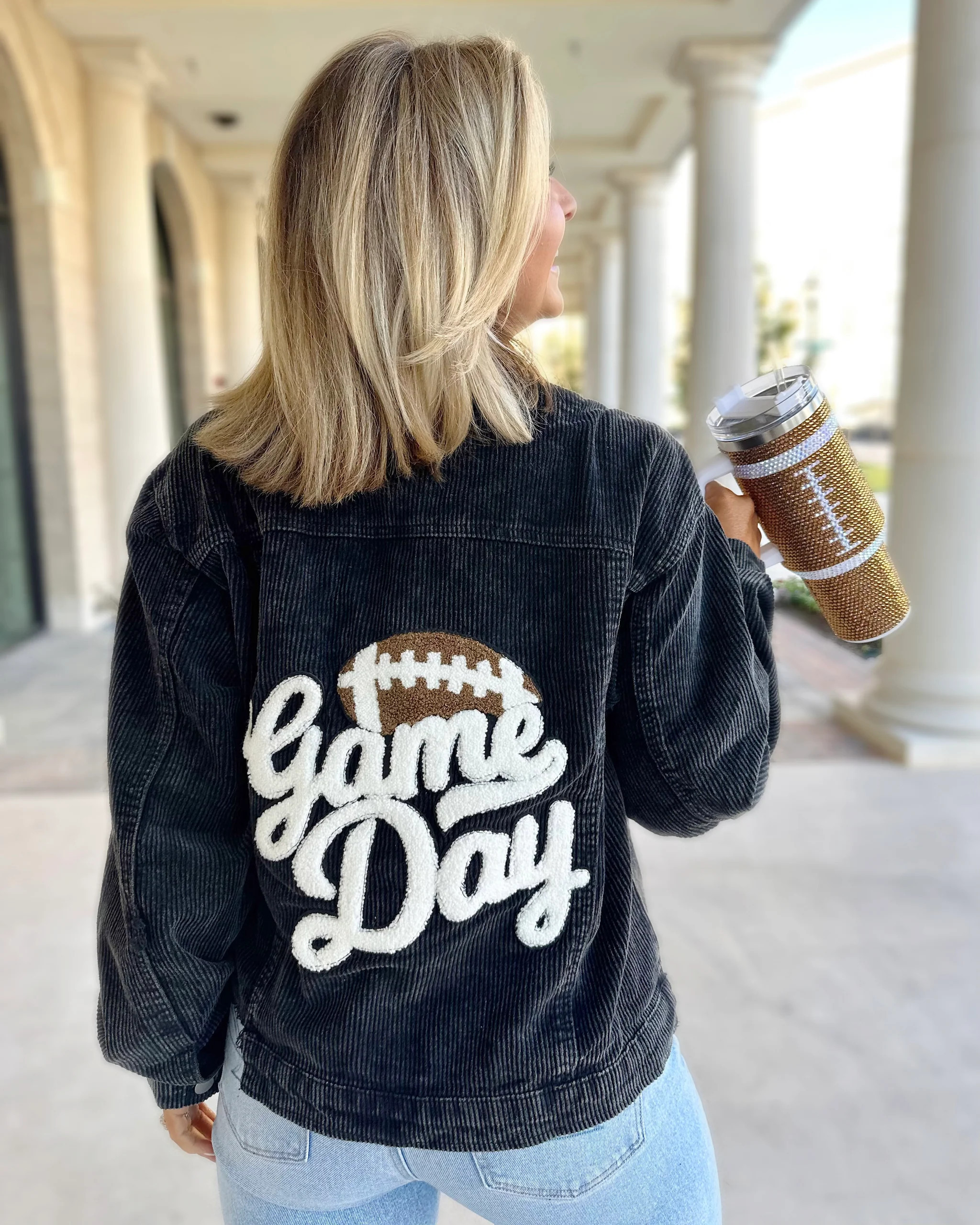 Football Script “GAME DAY” Black Corduroy Jacket | Live Love Gameday®