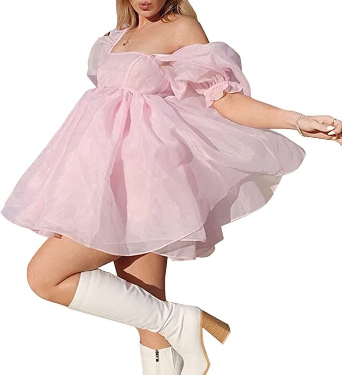 TINXIEA Womens Elegant Off Shoulder Mini Dress Temperament Lolita Long Sleeve Puff Large Hemline ... | Amazon (US)