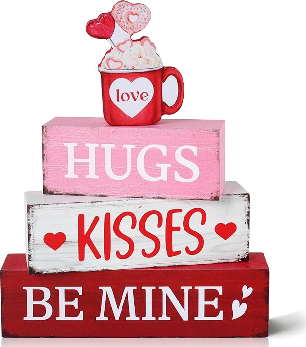 4 Pcs Valentine's Day Wooden Tiered Tray Decor, Love Cocoa Decorations Gifts for Lover Wife Husba... | Amazon (US)