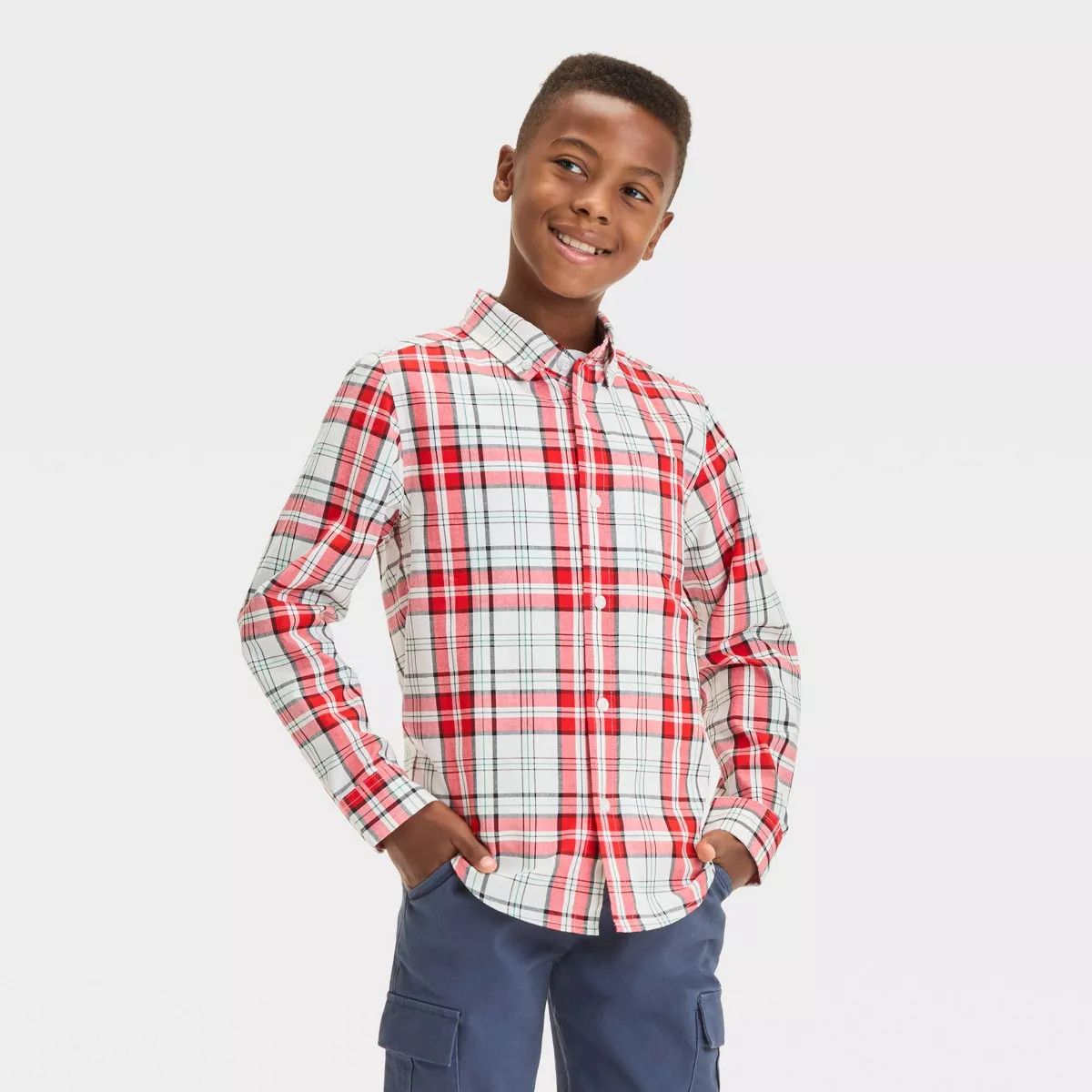 Boys' Long Sleeve Christmas Plaid Poplin Button-Down Shirt - Cat & Jack™ Red | Target