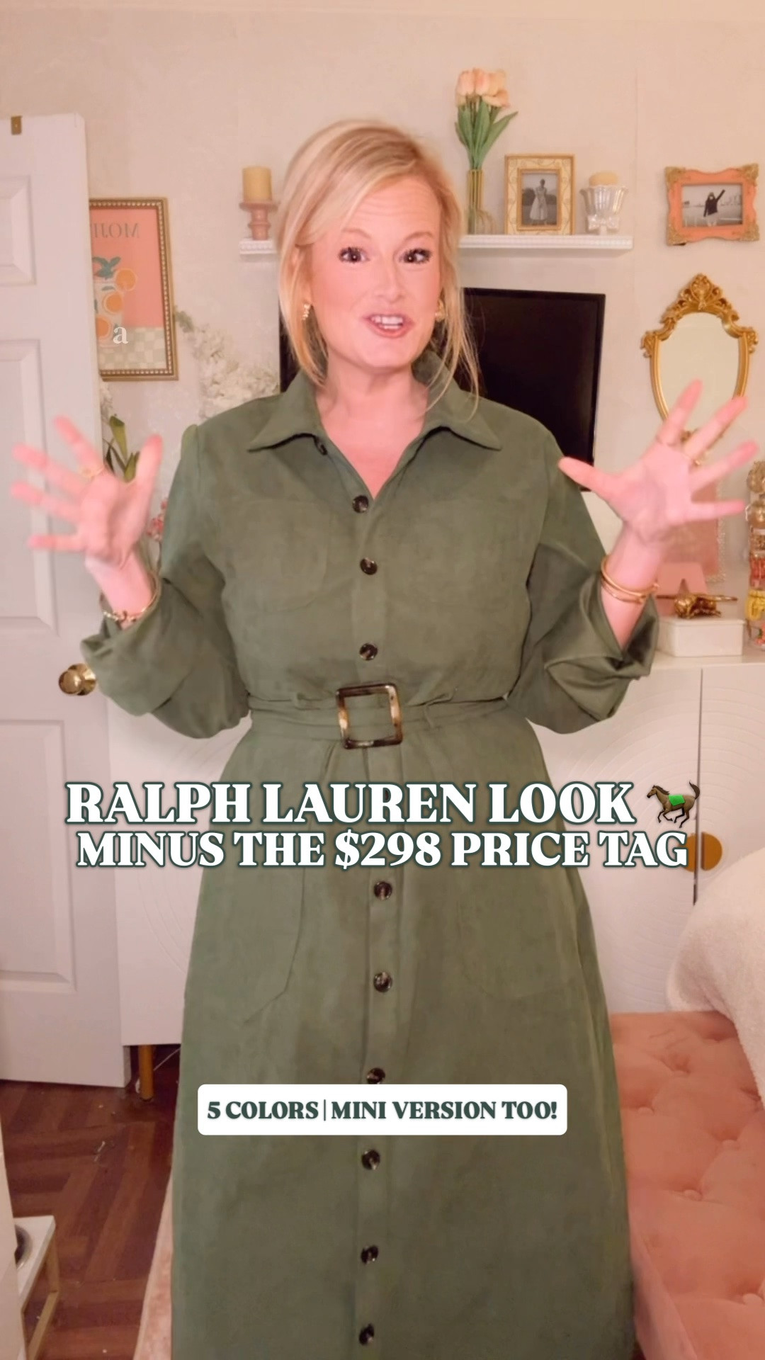 Ralph Lauren inspired corduroy dress | Amazon fall dress | corduroy shirtdress | designer look for less

This Amazon corduroy midi dress is giving me the polished Western-prep look of the Ralph Lauren dresses that retail around $298, for WAY less.

The structured corduroy, button-front silhouette, pointed collar and waist-defining buckle belt make it look polished and expensive. It has that timeless equestrian, heritage-prep quality that belongs in a fall and winter wardrobe for years, and the reviews back up the quality.

I’m wearing a large and sized up for the bust. The fit is good on me, but if you are fuller through the bust, I would consider going up two sizes. It comes in five colors, and there is a mini version too.

This one-piece fall outfit works for teacher outfits, work outfits, church, Thanksgiving, fall photos, date night, fall travel and holiday plans. If you love classic Ralph Lauren style, Western dresses and designer look for less finds on Amazon, put this one on your list.

Amazon corduroy dress, corduroy midi dress women, corduroy shirtdress, button down dress women, belted midi dress, long sleeve fall dress, green fall dress, olive green dress, Ralph Lauren inspired dress, Ralph Lauren look for less, Western dress women, Western fall outfit, equestrian style women, heritage prep outfit, preppy fall dress, Amazon fall dresses, Amazon fall fashion 2026, Amazon fashion finds, designer look for less, affordable fall dresses, teacher dress fall, work dresses women, Thanksgiving dress, winter dresses women

#AmazonFashion #AmazonFinds #FallDresses #LookForLess #PreppyStyle #RalphLaurenStyle #TeacherOutfits #LTKFindsUnder50

#LTKSeasonal #LTKWorkwear #LTKMidsize