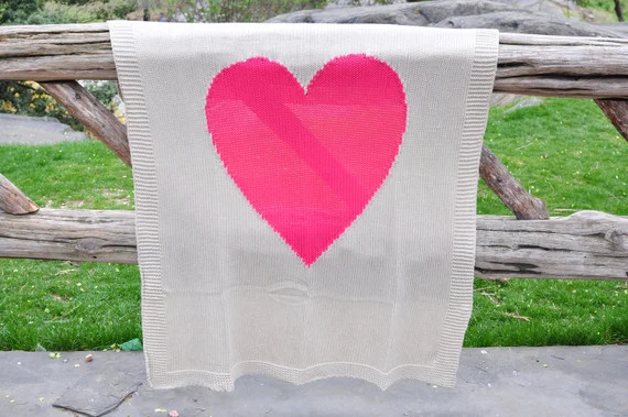 Baby Love - Cotton Baby Blanket by Pink Lemonade - 100% cotton/knitted- Cream and Neon Red pink hear | Etsy (US)