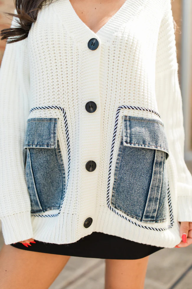 Living For Today Ivory Denim Pocket Cardigan | Pink Lily
