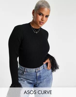 ASOS DESIGN Curve sweater with faux feather cuff detail in black | ASOS (Global)
