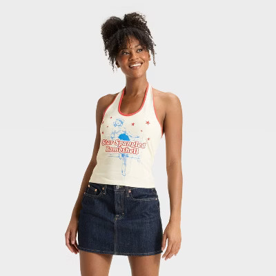 Women's Star Spangled Bombshell Halter Graphic Tank Top - Off White | Target