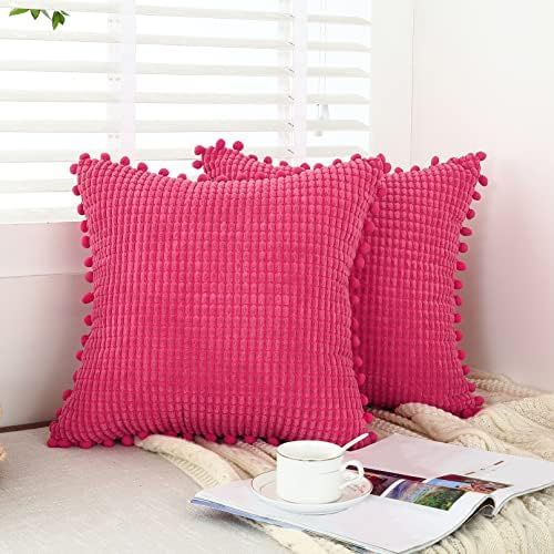 Oirpro Hot Pink Throw Pillow Covers 18x18 inch with Pom-poms Set of 2 Soft Corduroy Farmhouse Boho P | Amazon (US)