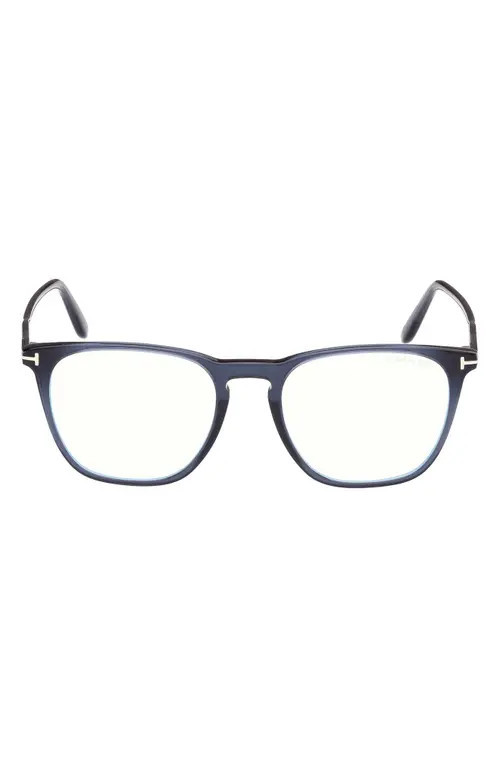 TOM FORD 52mm Round Blue Light Blocking Optical Glasses in Navy Blue/t Logo at Nordstrom | Nordstrom