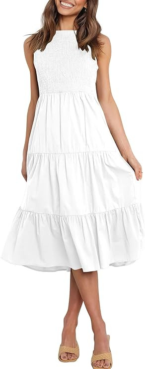 LOGENE Womens Sleeveless Crew Neck Smocked Elastic Waist Tiered Midi Dress Summer Sun Dresses wit... | Amazon (US)