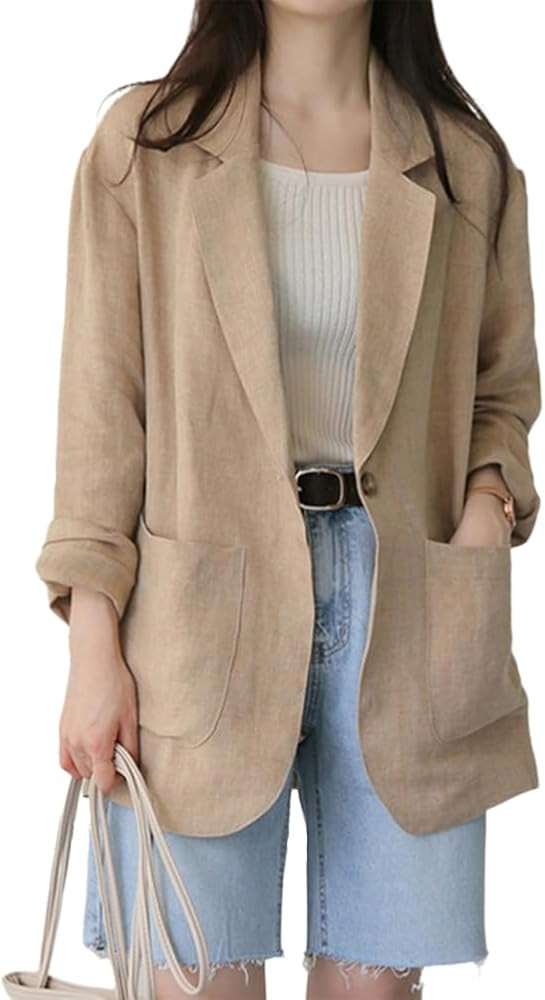 IDEALSANXUN Womens Linen Blazer Casual Long Sleeve Lightweight Spring Summer Jackets | Amazon (US)