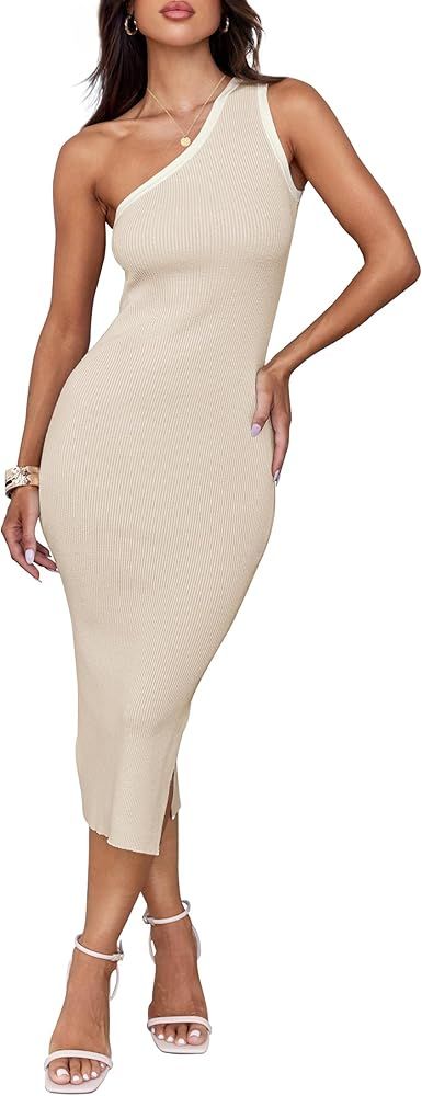 ZESICA Women's Summer One Shoulder Bodycon Midi Dresses 2024 Casual Sleeveless Ribbed Knit Side S... | Amazon (US)