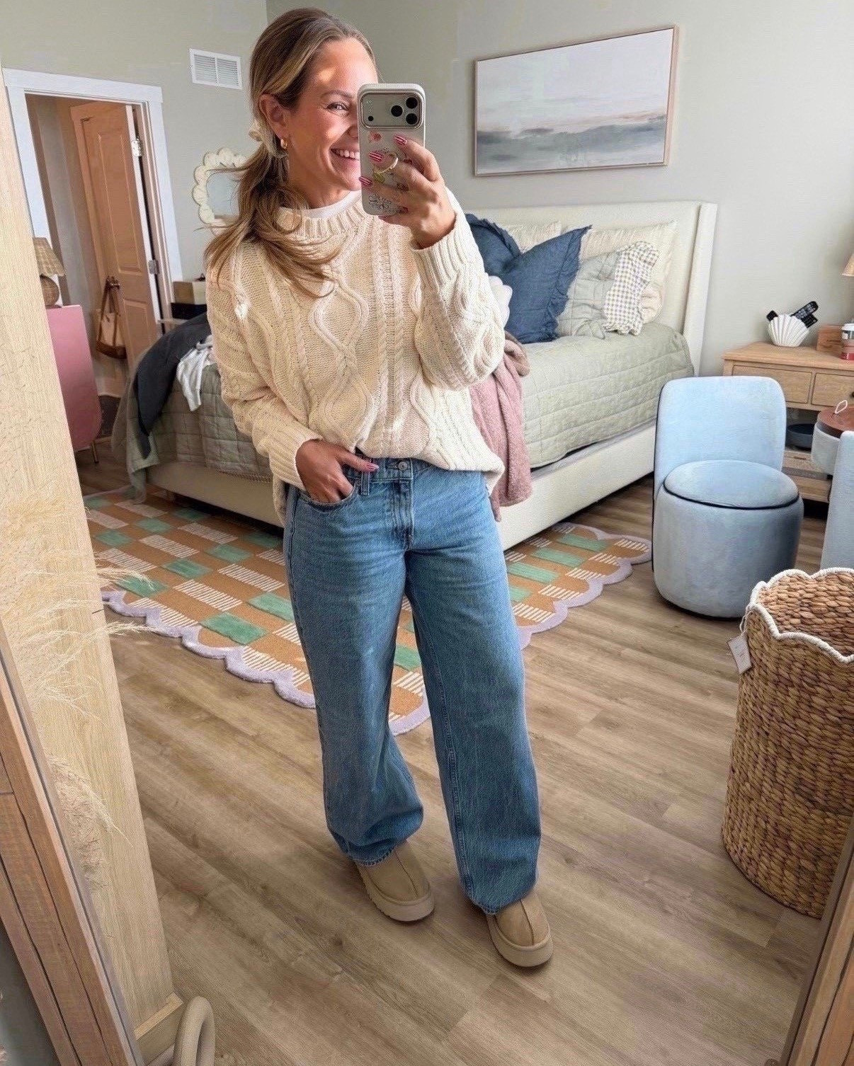 A classic cable-knit sweater + straight-leg denim is always a yes. This sweater is soft without being bulky, easy to half-tuck, and layers perfectly under coats. The jeans have that relaxed, everyday fit that still feels put together — finished with comfy neutral clogs for errands, school drop-off, or casual plans.

cable knit sweater, classic fall outfit, straight leg jeans, everyday denim, casual mom outfit, neutral outfit ideas, cozy winter outfit, petite friendly denim