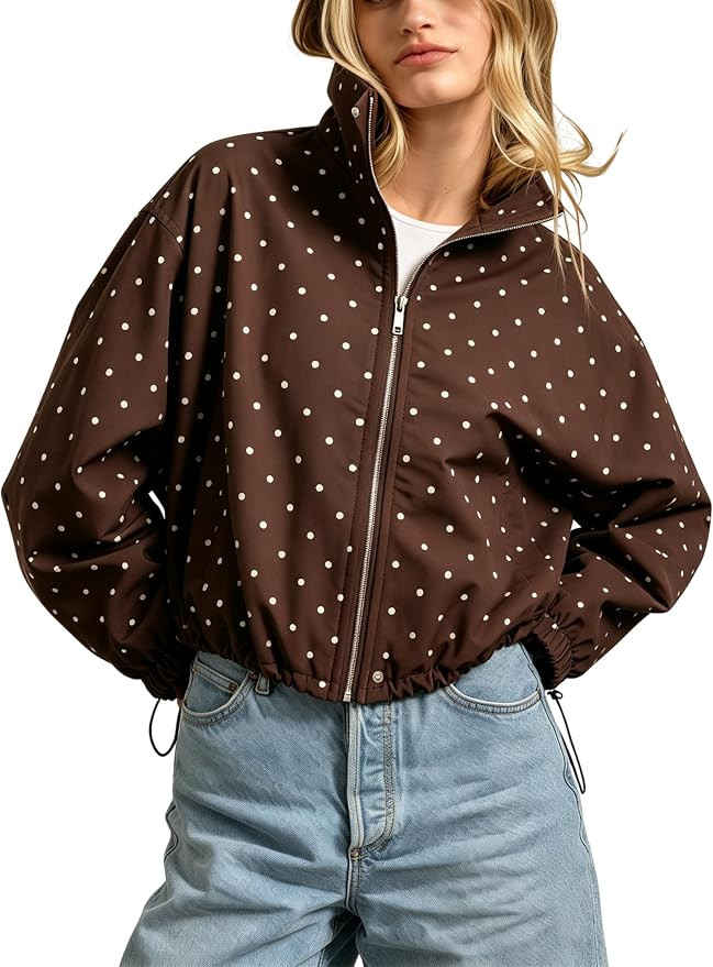 Esmeling Women Polka Dot Printed Jacket Turtleneck Zipper Drawstring Jacket | Amazon (US)