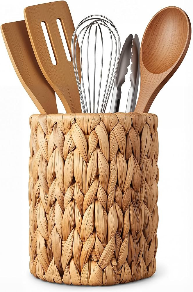 Hushee Woven Utensil Holder \u2013 Handwoven Water Hyacinth Kitchen Organizer, Durable Round Coun... | Amazon (US)