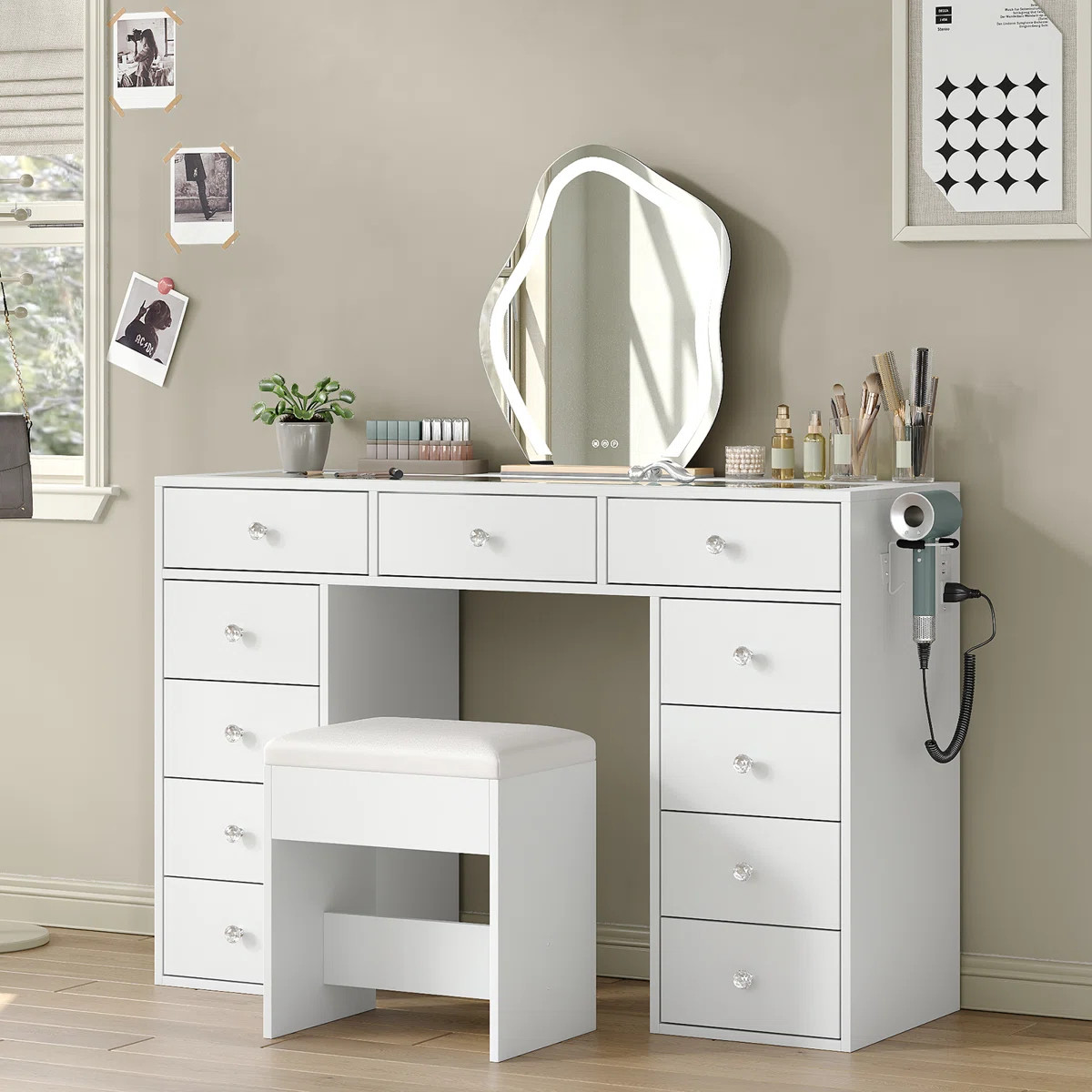 Vanity Desk Without Mirror, Makeup Vanity With 11 Drawers And Charging Station, White Vanity With... | Wayfair North America