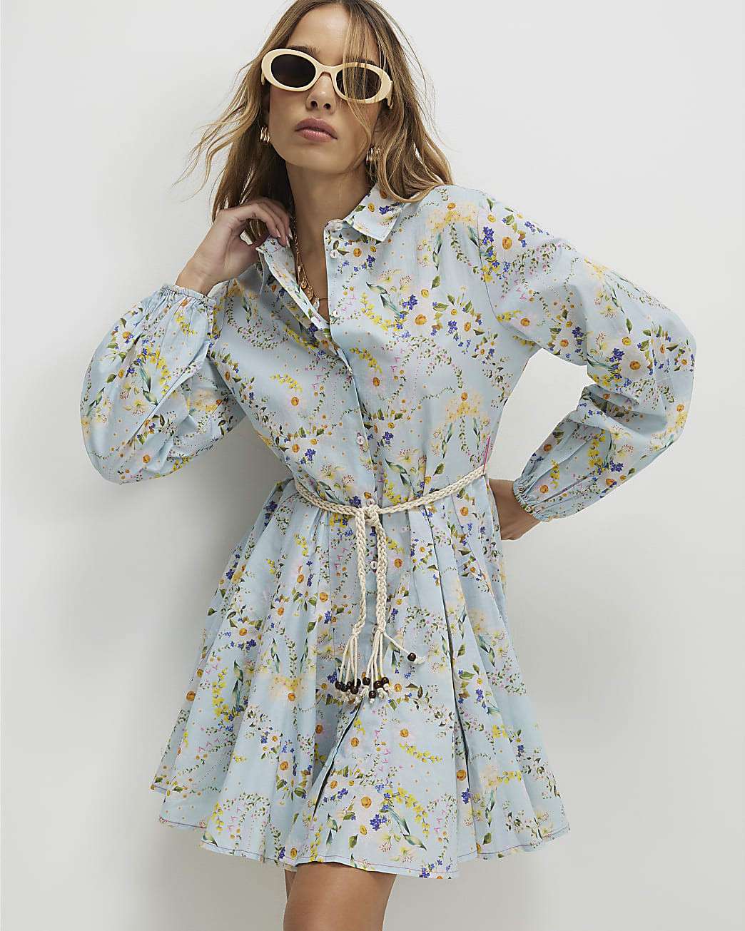 Blue Floral Belted Shirt Dress | River Island UK & IE