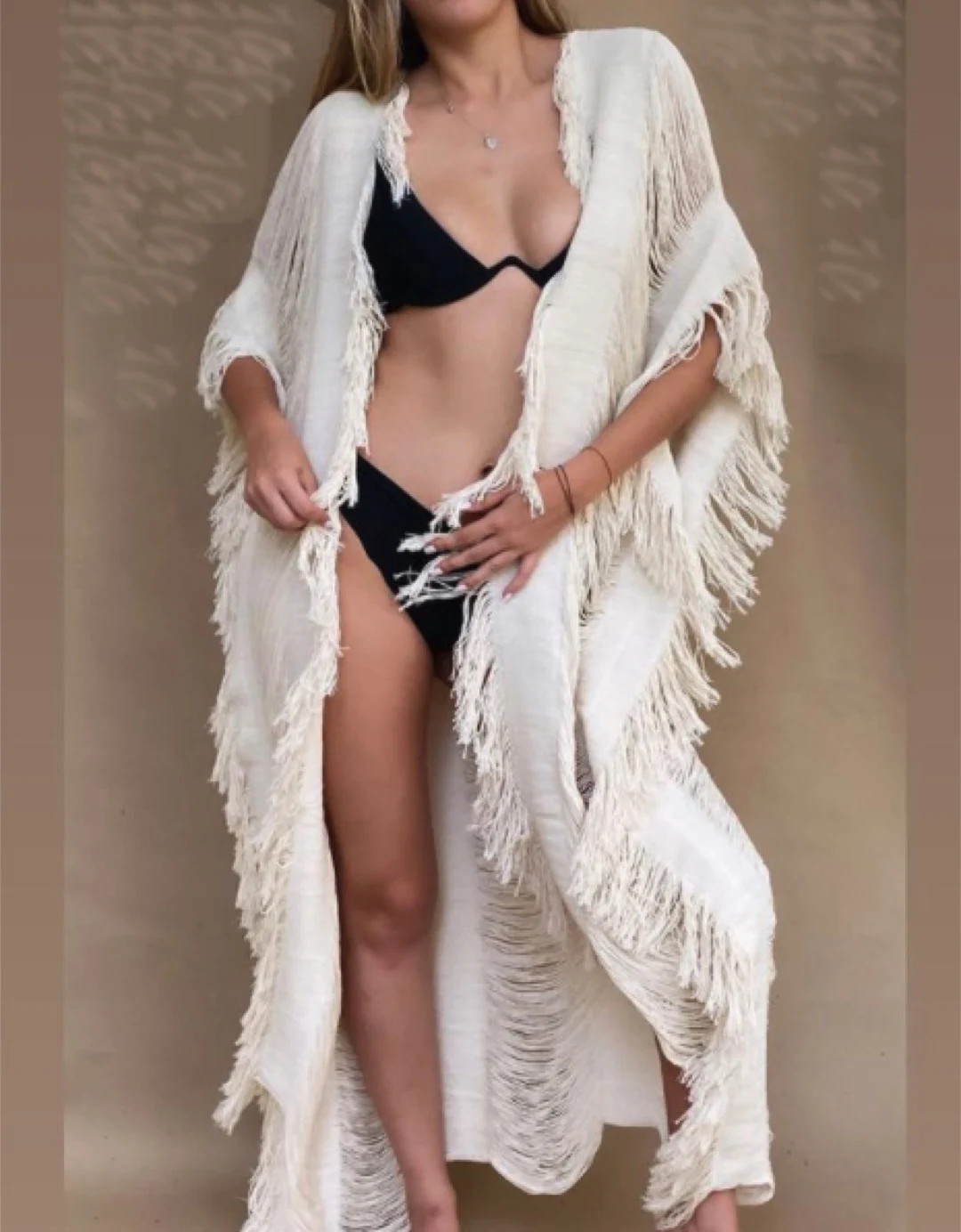 Handmade Frayed Beach Maxi Kimono-Caftan, Swim cover up "ZANZIBAR" Boho Wedding dress, Honeymoon ... | Etsy (US)