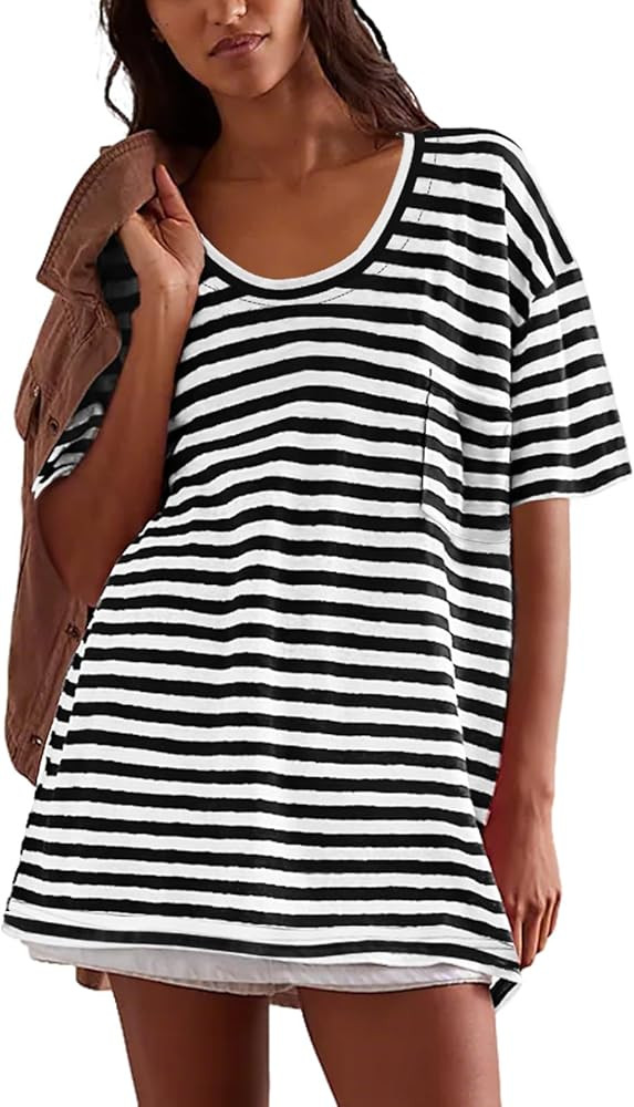 Womens Oversized Tshirts Striped Short Sleeve Scoop Neck Tops Casual Summer Tee Shirts Plus Size | Amazon (US)
