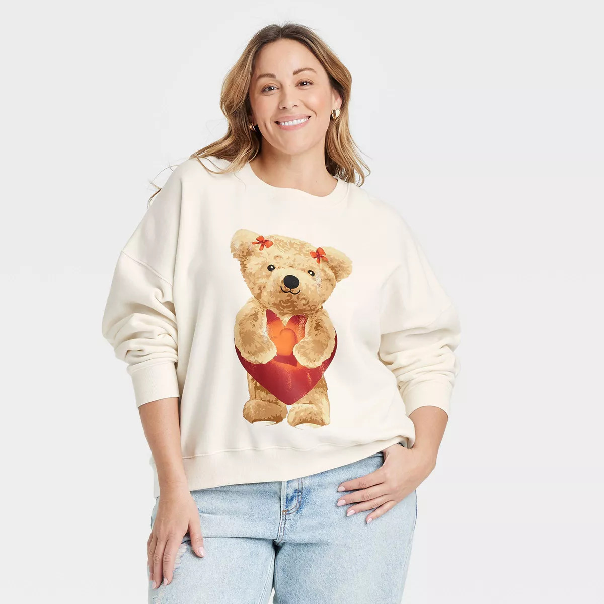 Women's Teddy Bear Heart Graphic Sweatshirt - Off-White | Target