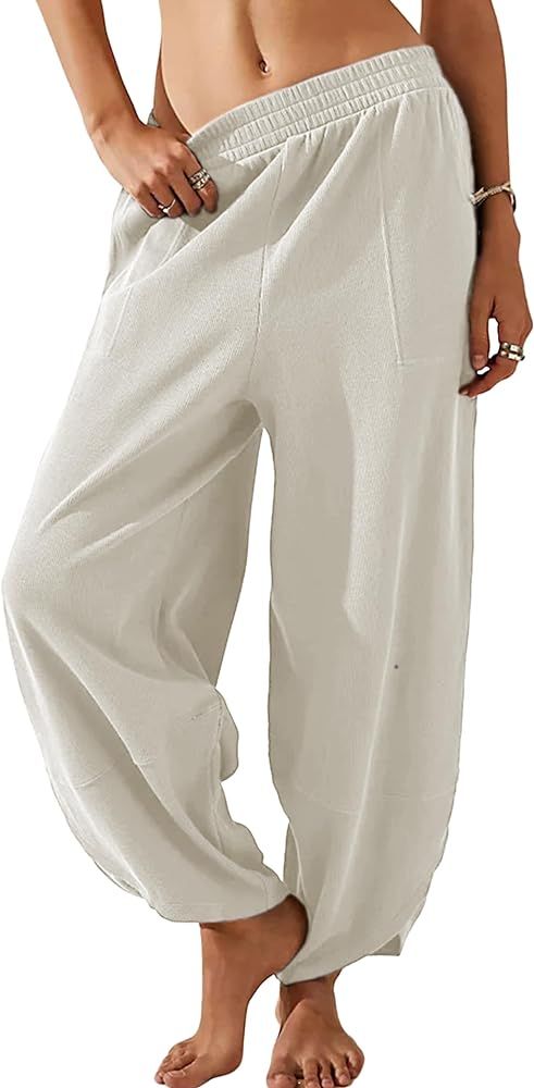 Womens Baggy Wide Leg Pants Summer Linen Pants Casual Elastic Waist Palazzo Harem Pants with Pock... | Amazon (US)